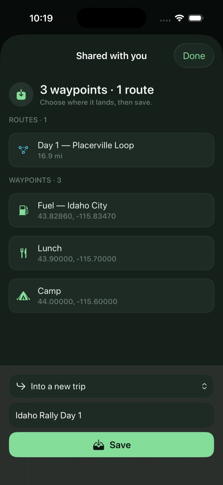 Trailmark's import review sheet showing three waypoints and a route being brought in from a shared file