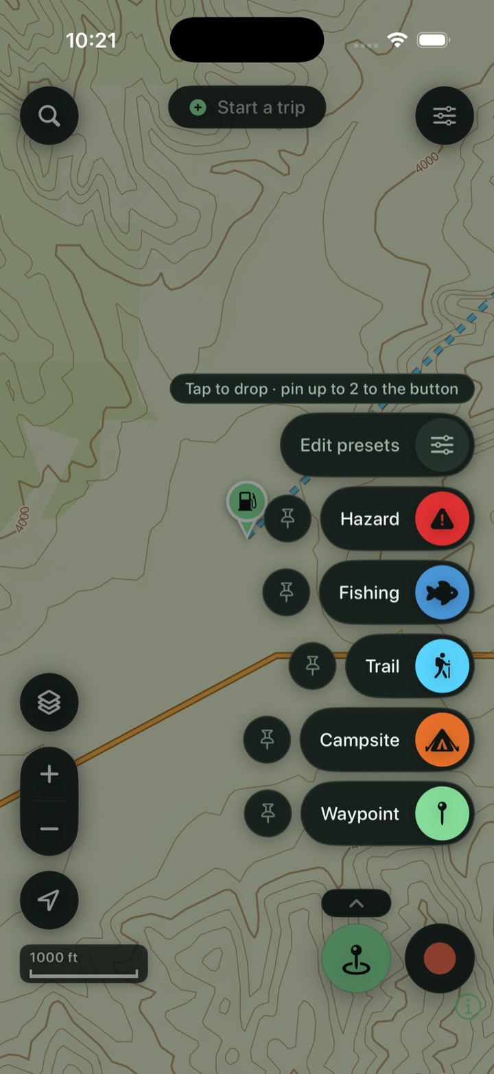 The Mark palette in Trailmark with Hazard, Fishing, Trail, Campsite and Waypoint presets, each pinnable to the mark button