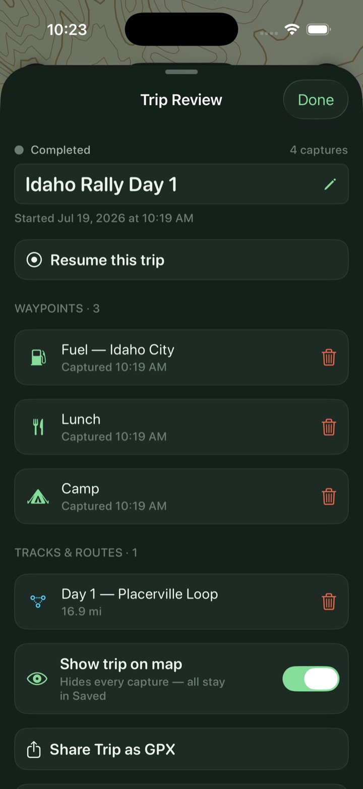 A completed trip in Trailmark showing four captures — fuel, lunch, camp waypoints and the day's route — collected in one place with a Share Trip as GPX button