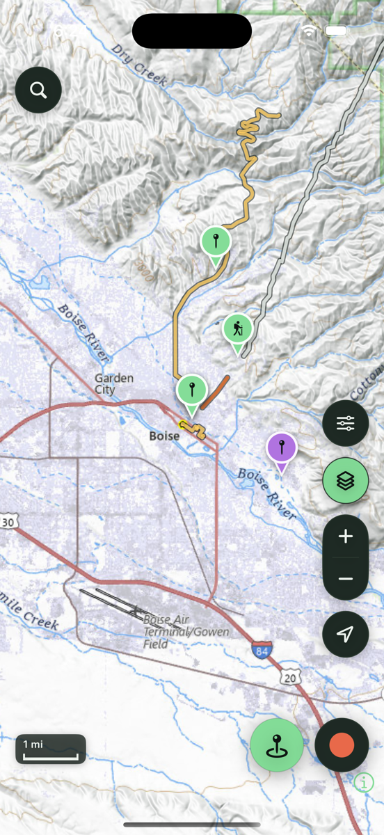 Trailmark ADV map with waypoints, a planned route, and offline topo layers